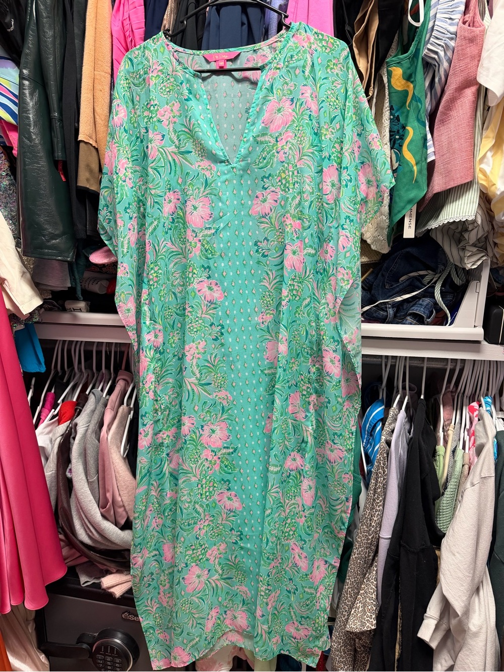 Lilly Pulitzer Cuca Maxi Cover-up Mint Green with Pink Blooms Dress
